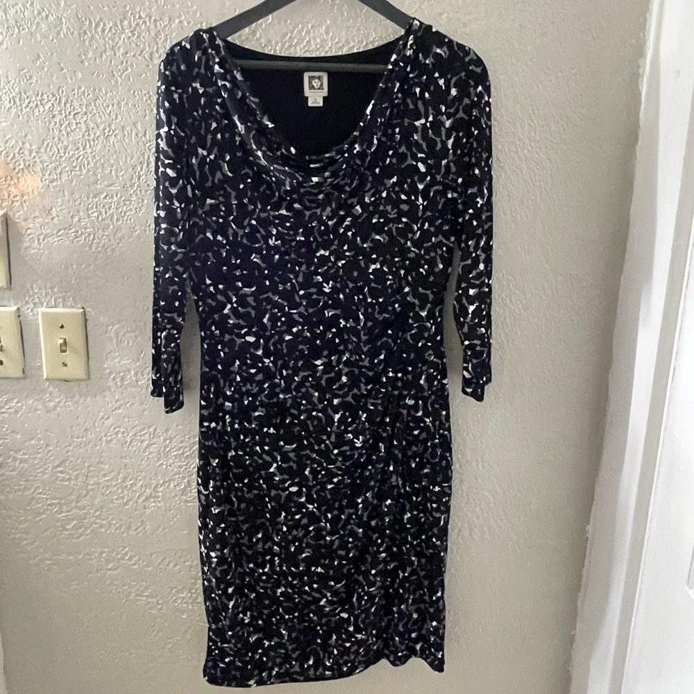 Anne Klein VTG Black and White‎ Patterned Midi Dress with Cowl Neck Size 8